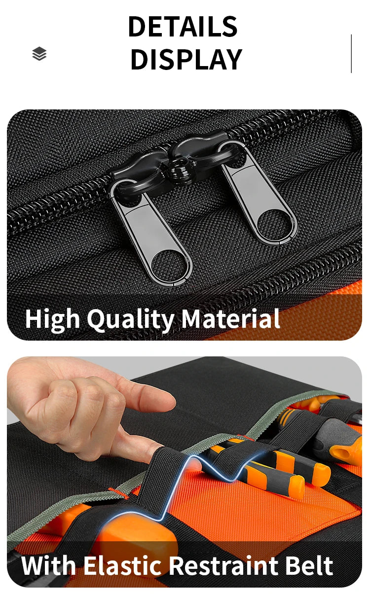 Close-up of a black tool organizer bag showing a silver zipper and an orange elastic restraint belt.
