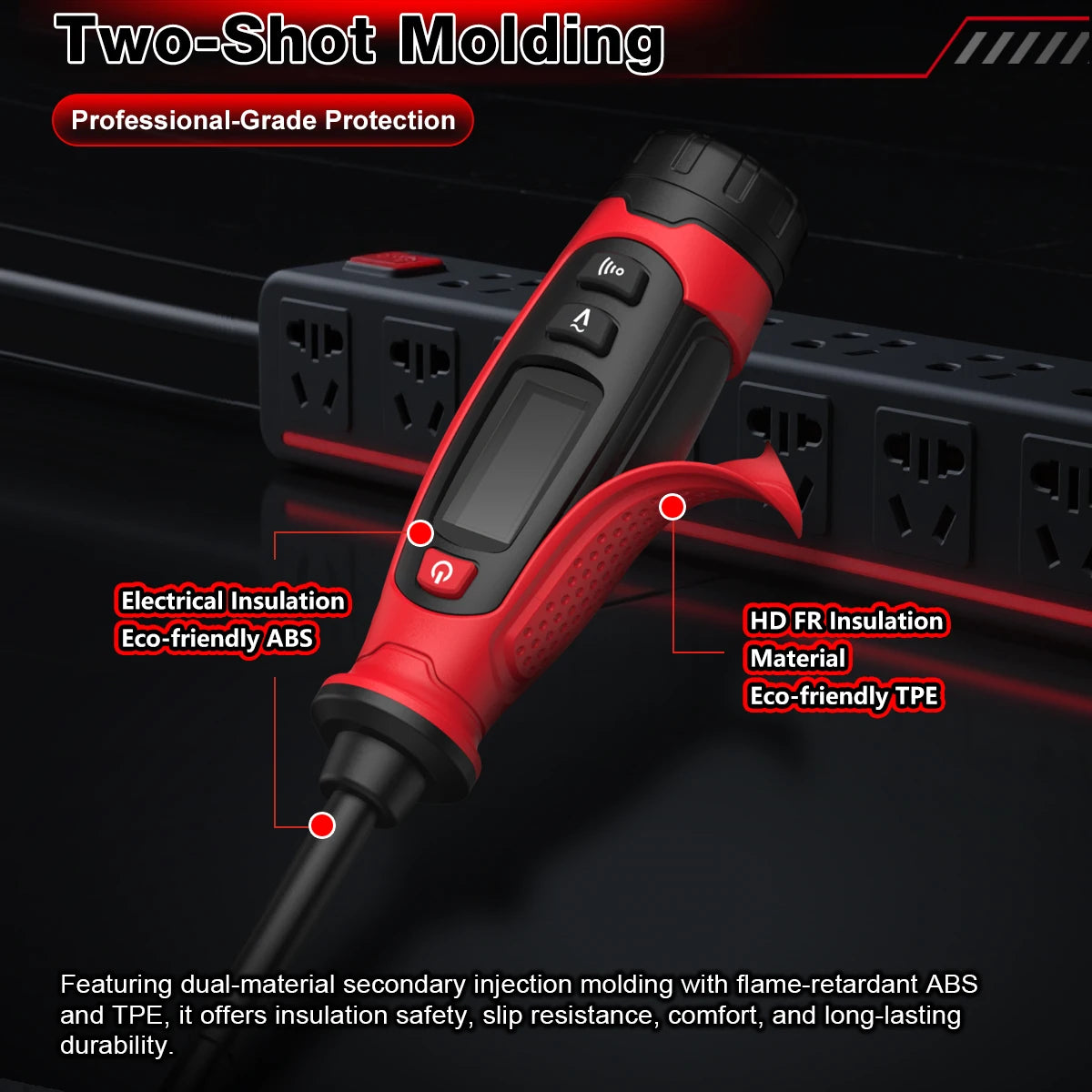 A close-up of a red digital AC voltage tester and screwdriver featuring dual-material molding for insulation and durability.