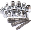 A set of precision socket wrench adapters and sockets in silver metal finish.
