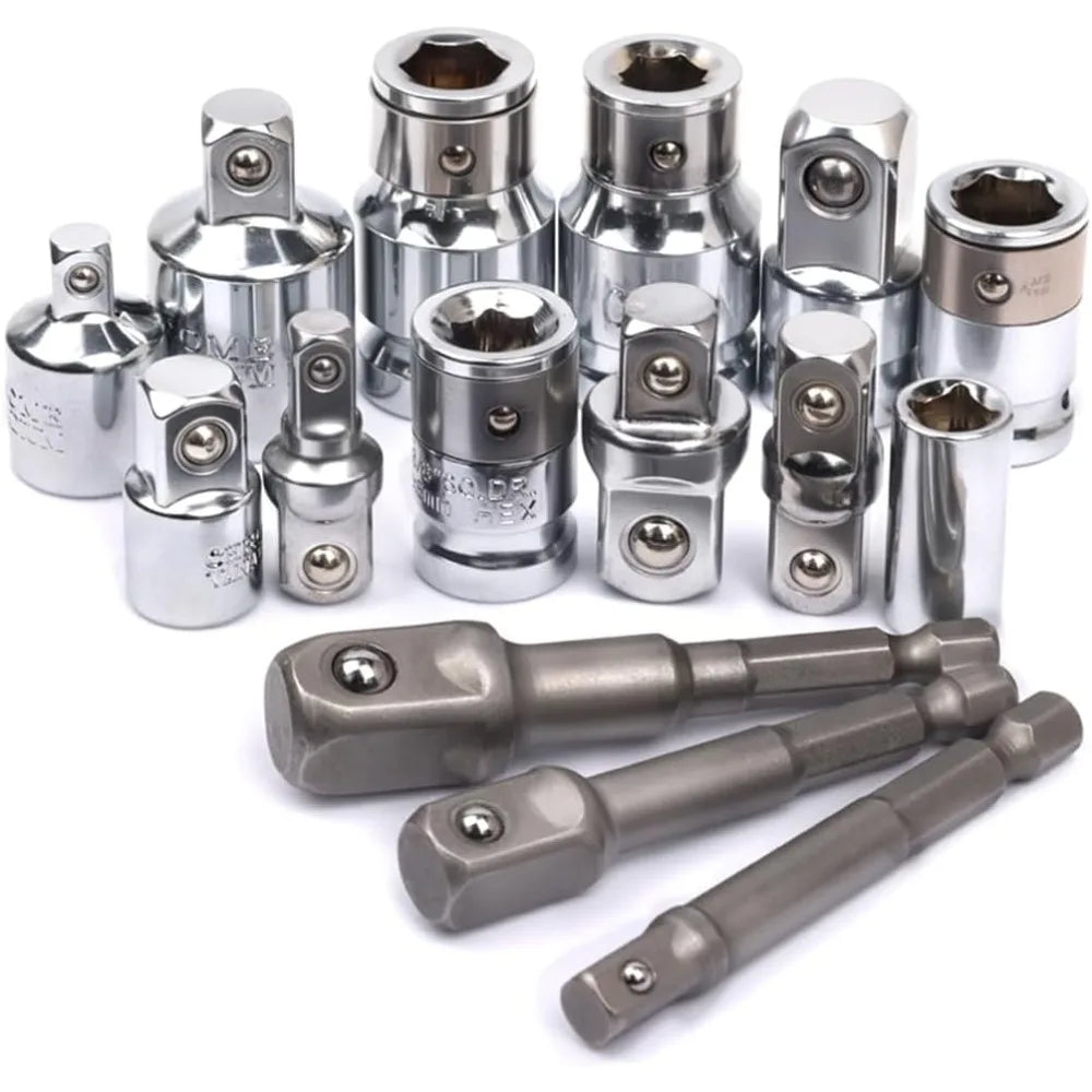 A set of precision socket wrench adapters and sockets in silver metal finish.