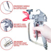 A professional high-pressure airless paint spray gun kit showing ergonomic handle, security lock, and 360 degree rotation joi