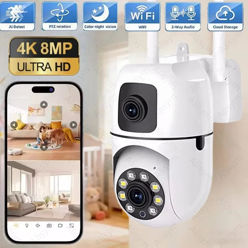 A white dual lens WiFi IP camera with a black lens and housing is shown alongside feature icons.