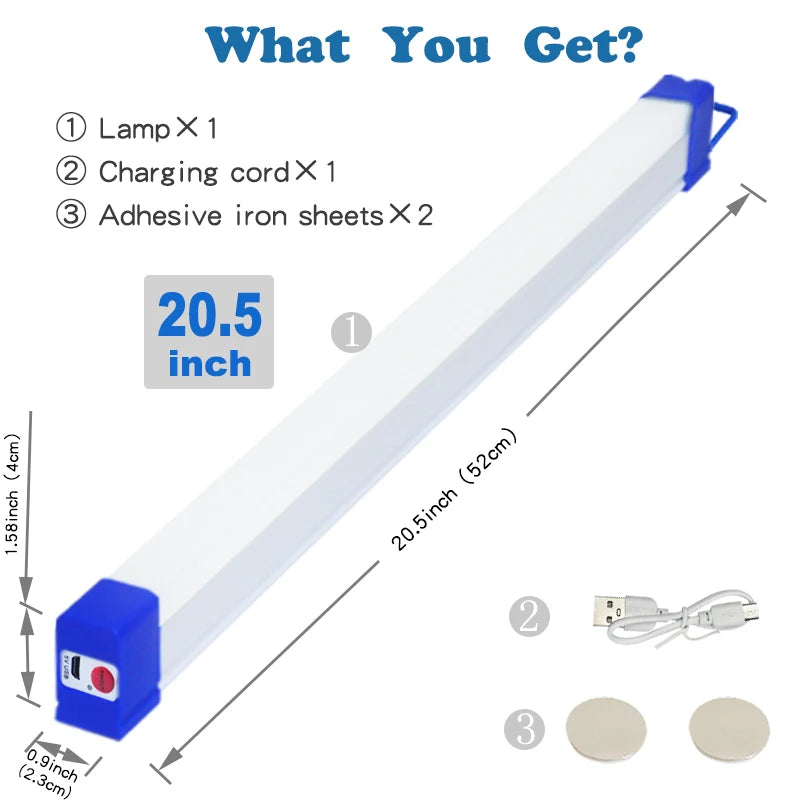 A long white LED light bar with a blue end, a charging cord, and two adhesive iron sheets shown next to the product.