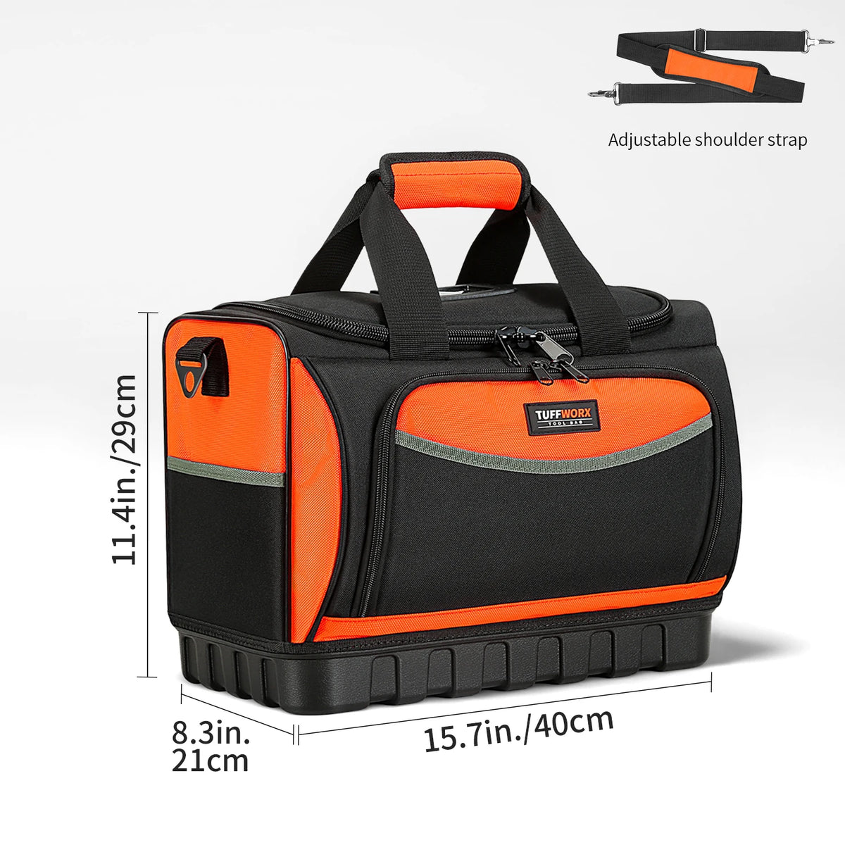Black and orange heavy duty open top tool organizer bag with an adjustable shoulder strap