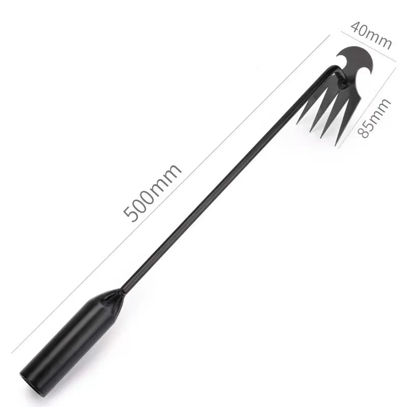 A black multifunctional hand weeder tool with a long shaft and prongs for gardening.