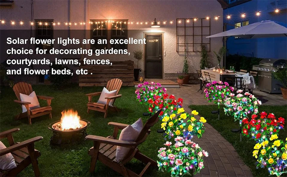 Solar LED azalea flowers in various colors decorating a garden pathway and outdoor space.