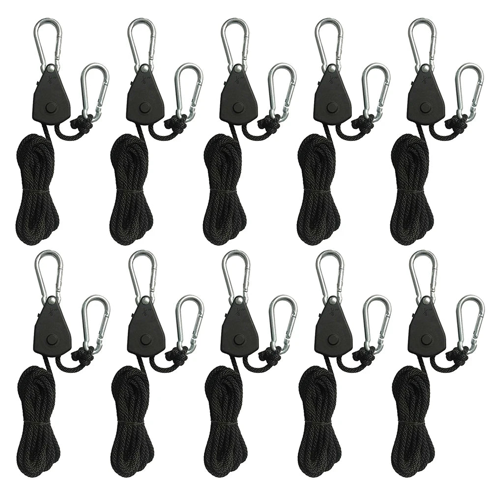 A multi-pack of black camping and utility lanyards with metal clasps.
