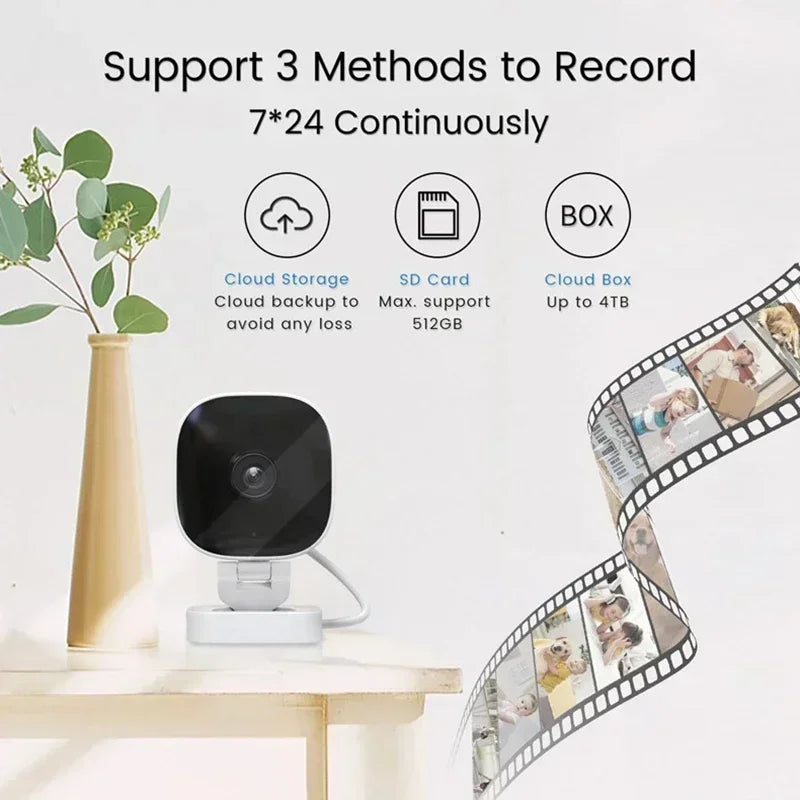 A black wireless security camera is shown next to various storage options including cloud, SD card, and a cloud box.