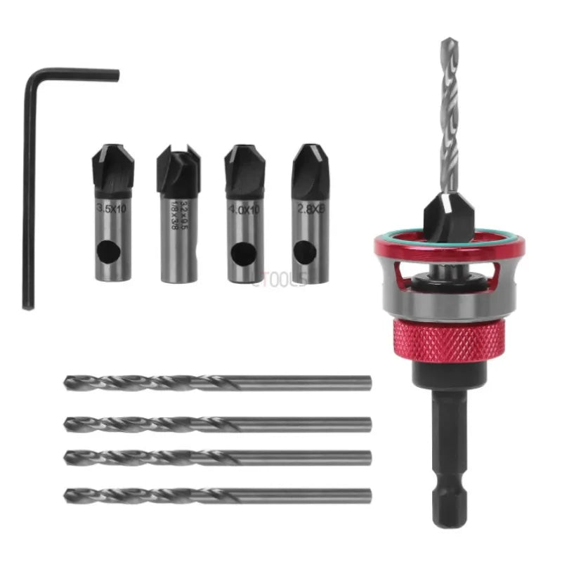 A set of adjustable countersink drill bits including a straight bar and various sizes of countersink bits.