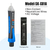A black non-contact voltage detector pen with a blue tip and power button, shown next to its packaging box and manual.