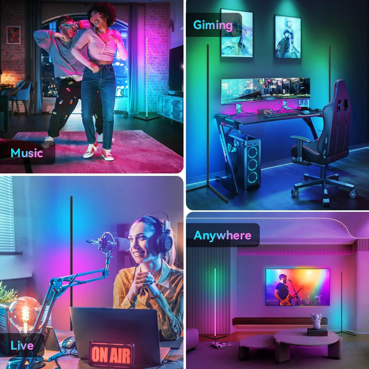 Dynamische RGB-Sync-Stehlampe in verschiedenen Kontexten wie Musik, Gaming und Live-Performances.