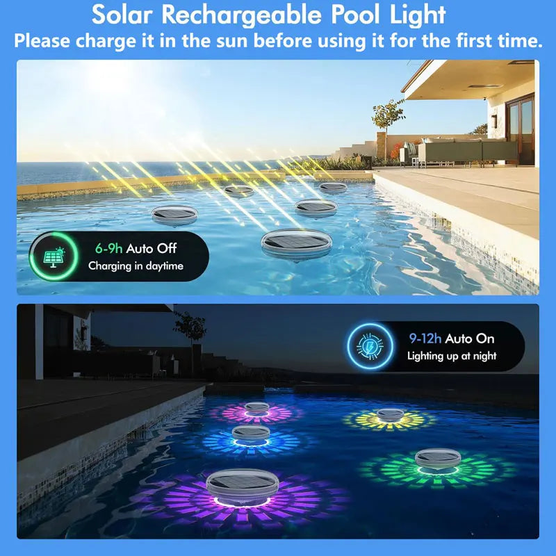 Solar rechargeable pool lights illuminating water at night and during the day.