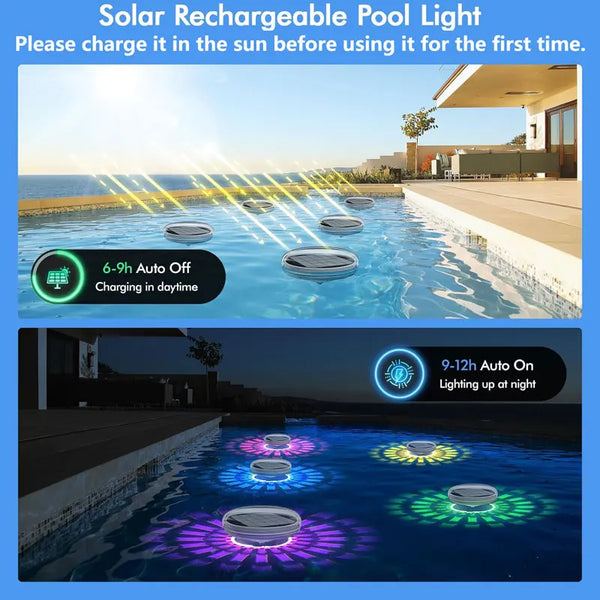 Solar rechargeable pool lights illuminating water at night and during the day.