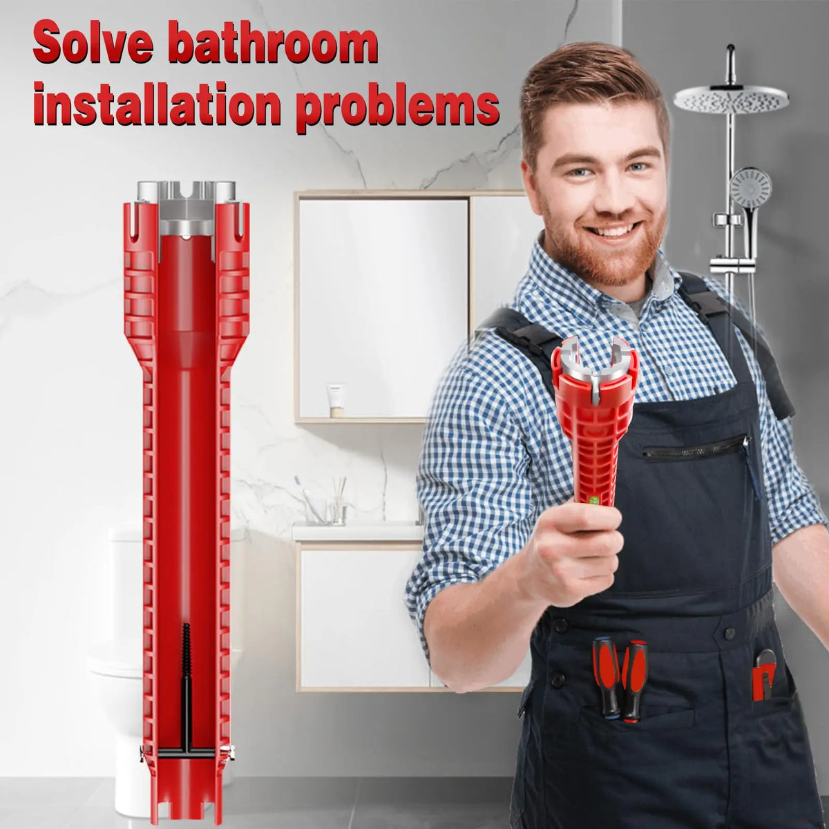 A man holds a red plumbing wrench set against a background showing bathroom installation problems.
