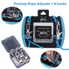 A set of heavy-duty rope adjusters and hooks for securing items, including a main adjuster and multiple small hooks.