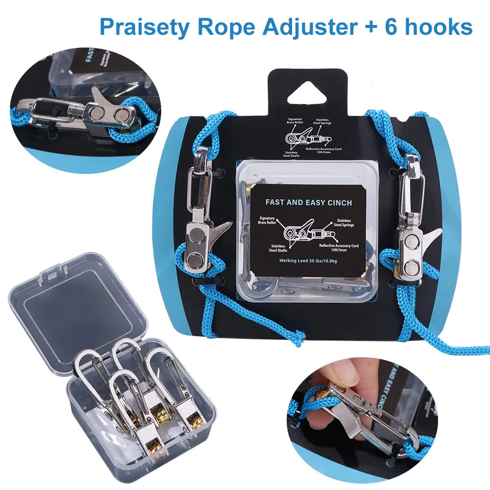 A set of heavy-duty rope adjusters and hooks for securing items, including a main adjuster and multiple small hooks.