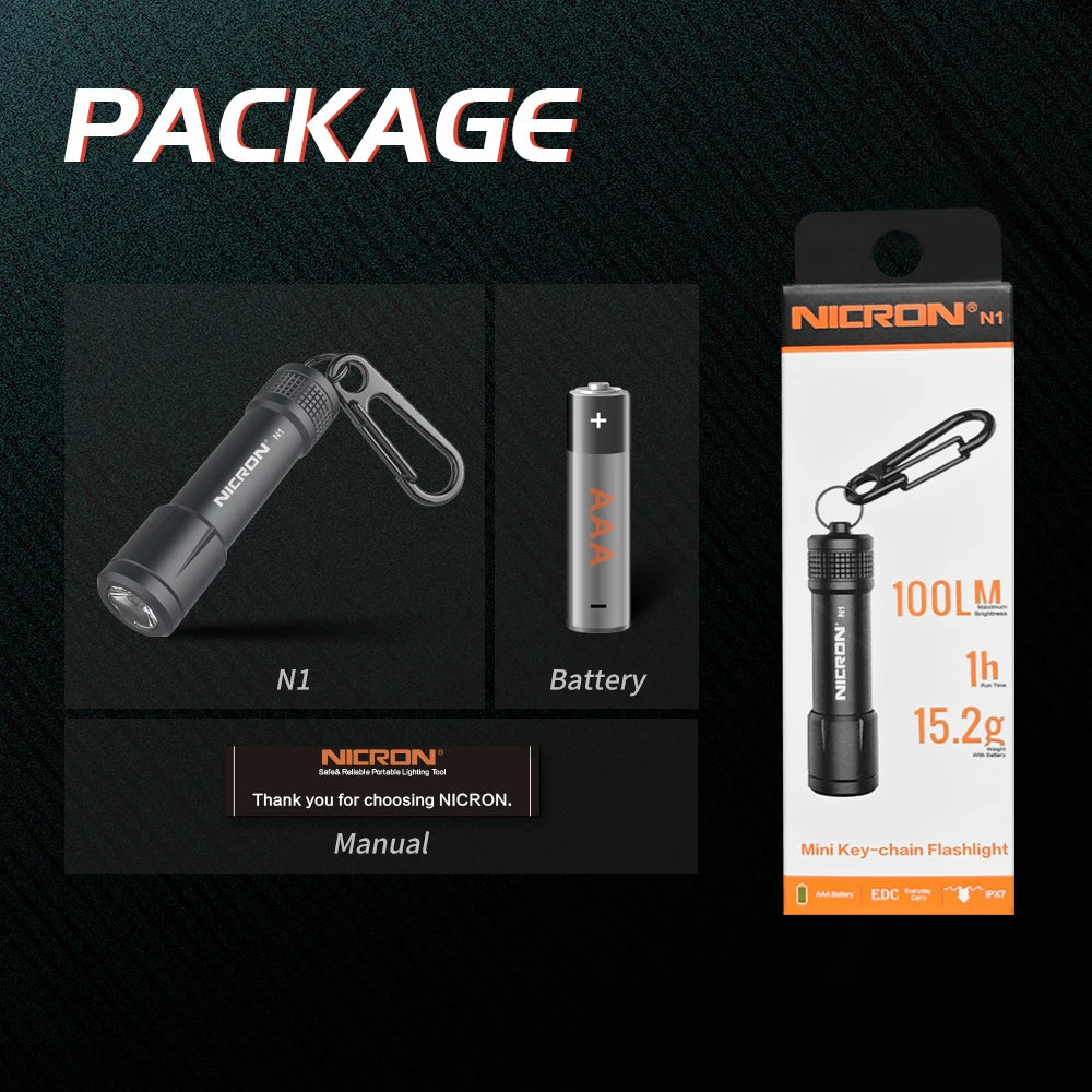 Package for a NICRON N1 Mini Key-chain Flashlight showing the product and manual.