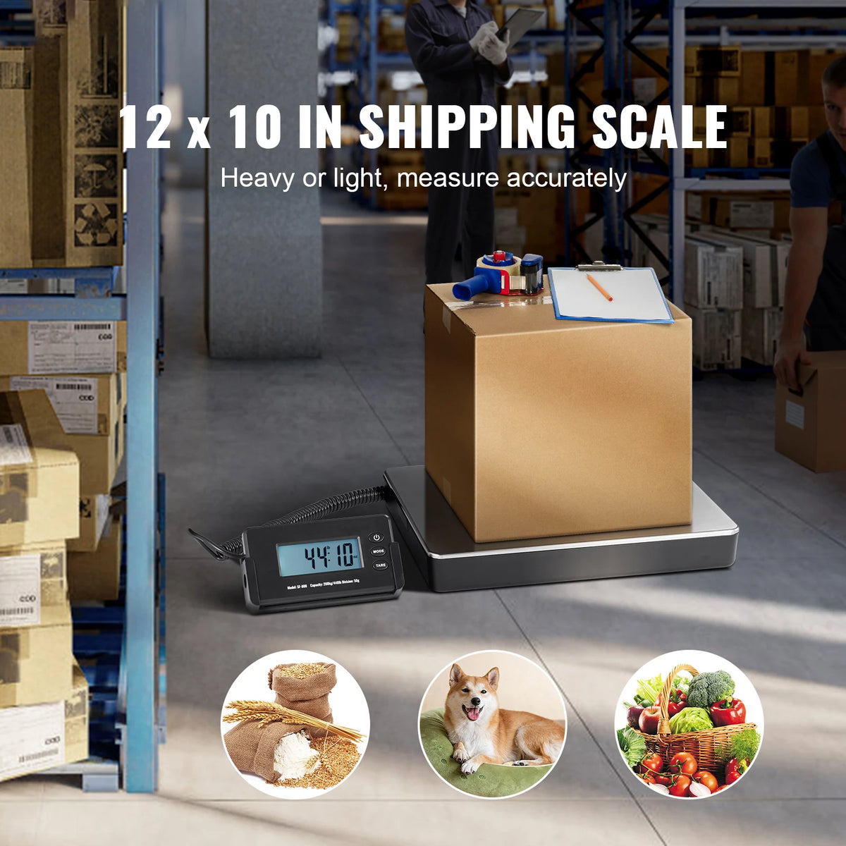 A digital shipping scale measuring various items, including a small dog, produce, and boxes, in a warehouse setting.