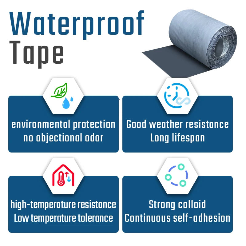 Roll of waterproof tape with features for environmental protection, weather resistance, lifespan, temperature resistance, and