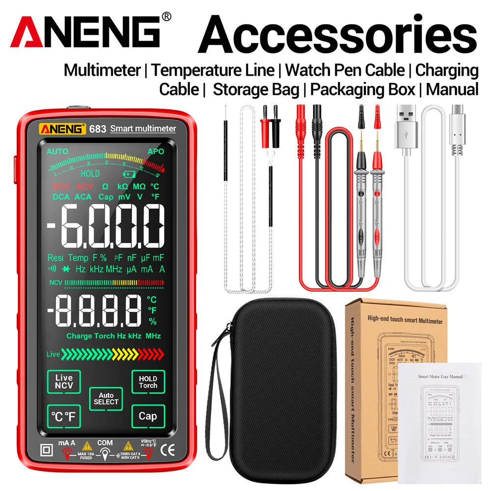 Aneng 683 smart multimeter with various accessories including cables and storage box