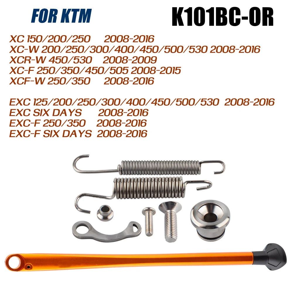 A set of motorcycle side stand kickstand components including springs, bolts, and a metal bar.