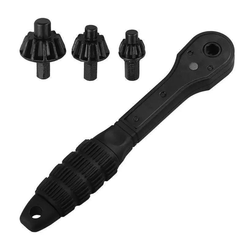 A black 2-in-1 electric drill and ratchet key set with multiple interchangeable bits.