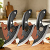 A forged stainless steel boning knife with a bottle opener, featuring a black blade and a brown handle.