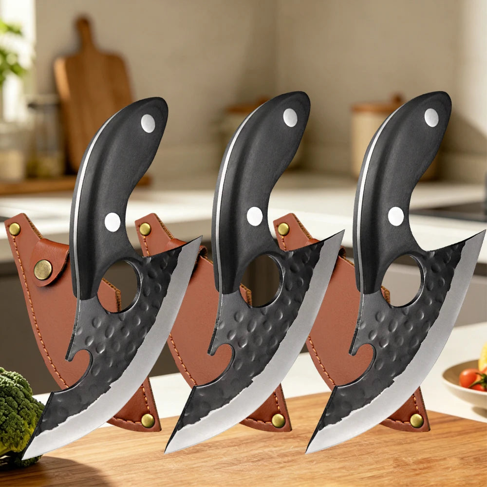 A forged stainless steel boning knife with a bottle opener, featuring a black blade and a brown handle.