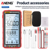AnENG 681 Smart Multimeter in red housing with various accessories like a storage bag and charging cable