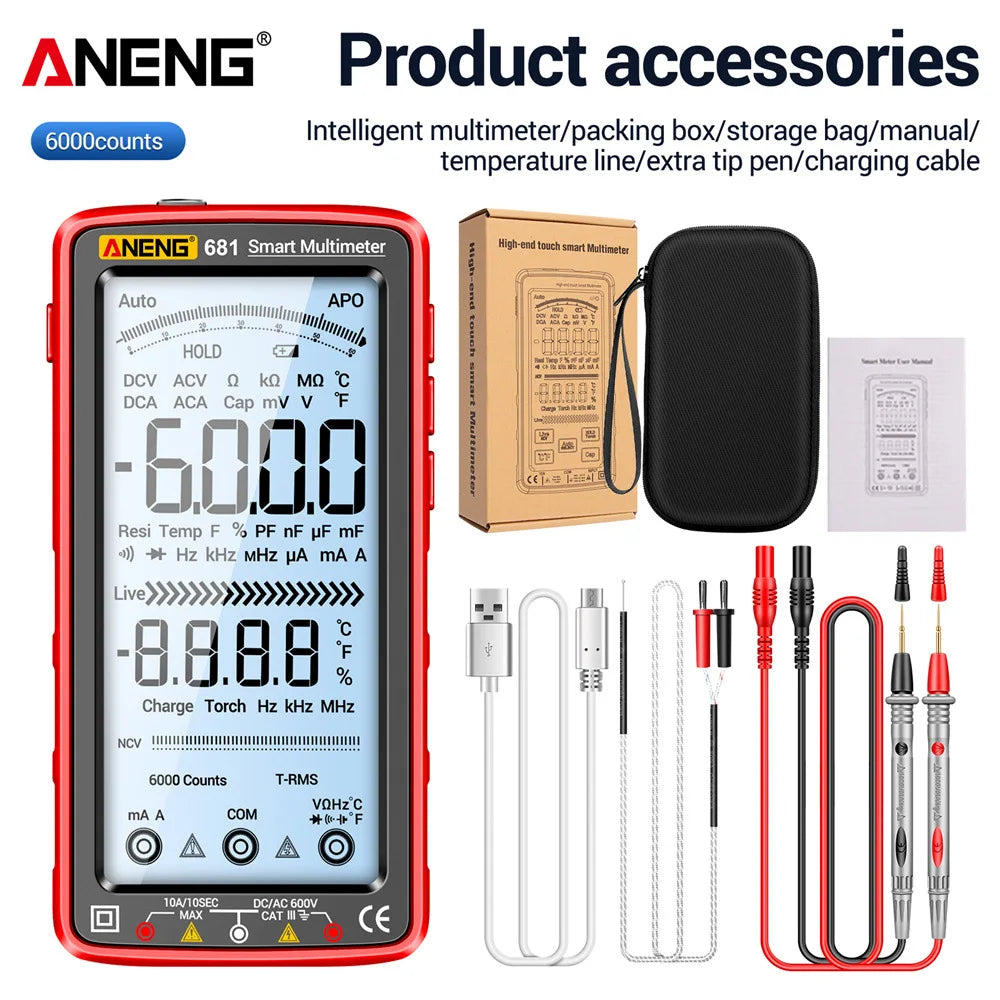 AnENG 681 Smart Multimeter in red housing with various accessories like a storage bag and charging cable