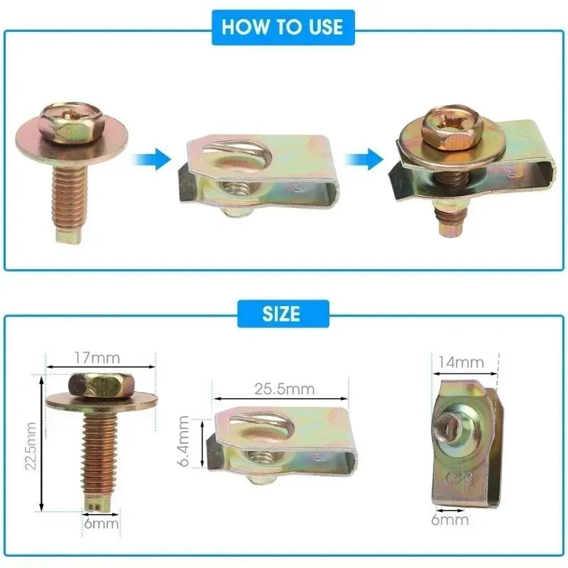 Diagram showing how to use self-tapping U-clip fasteners for automotive repair, illustrating the components and size measurem