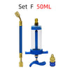 Set F 50ML precision oil and dye injector kit for HVAC systems featuring a glass syringe and fittings