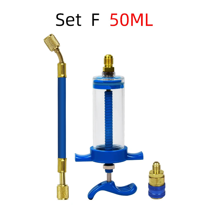 Set F 50ML precision oil and dye injector kit for HVAC systems featuring a glass syringe and fittings
