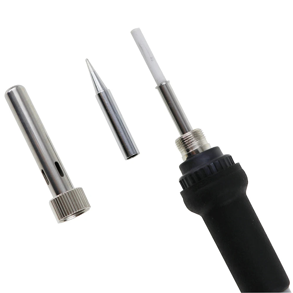 A silver precision digital soldering iron with a pointed tip and insulated handle.
