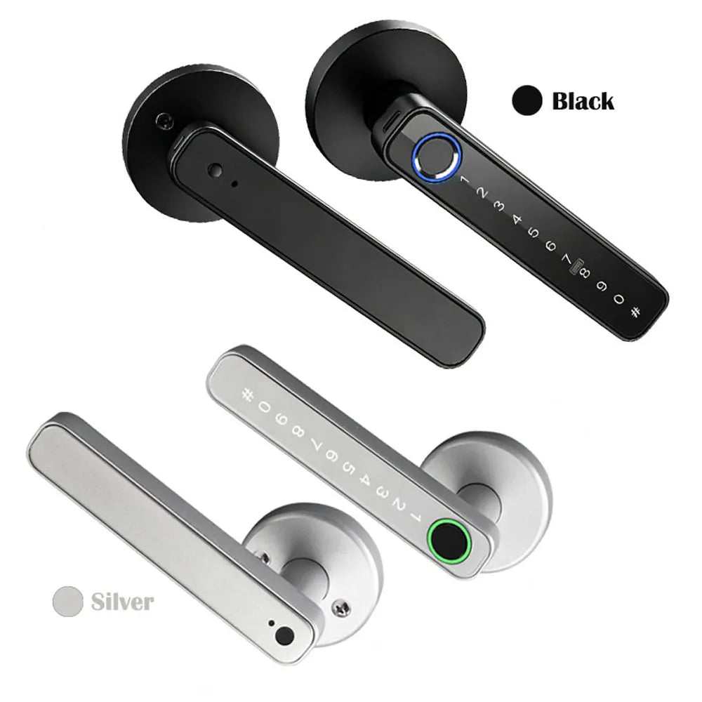 Black and silver smart digital lock handles showing different finishes and numbering.