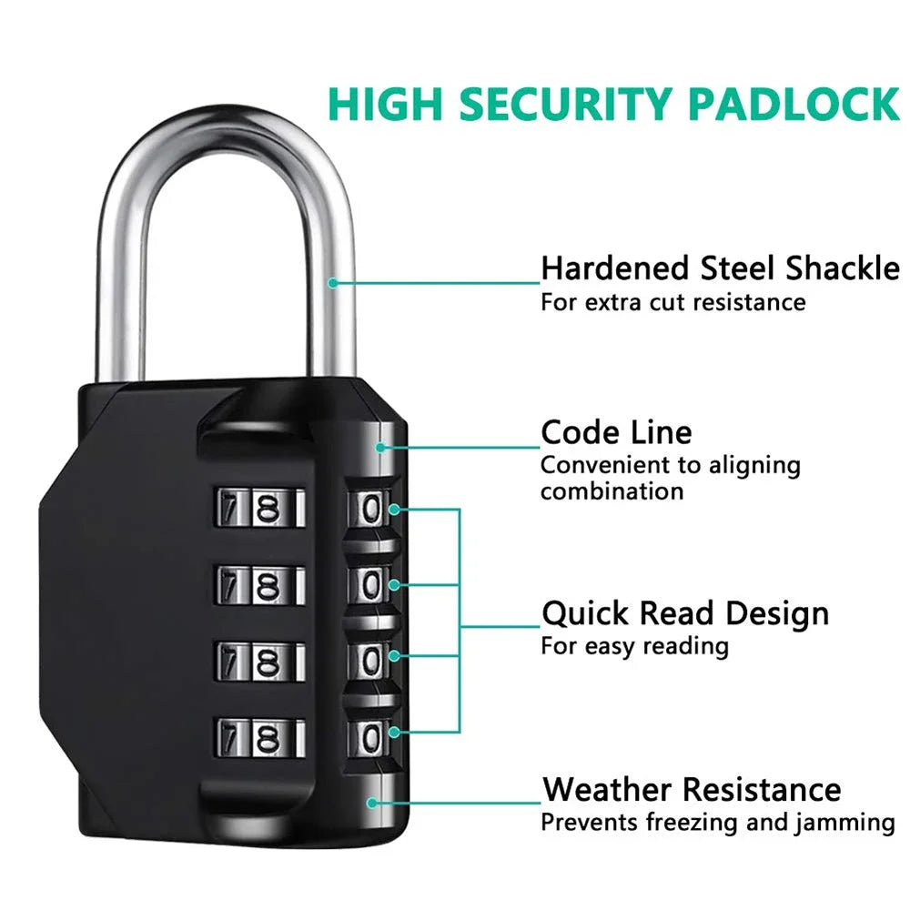 A black heavy duty combination padlock showing features like a hardened steel shackle, code line, quick read design, and weat