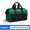 Bolsa profesional de herramientas verde y negra con asa y múltiples compartimentos, vista lateral.