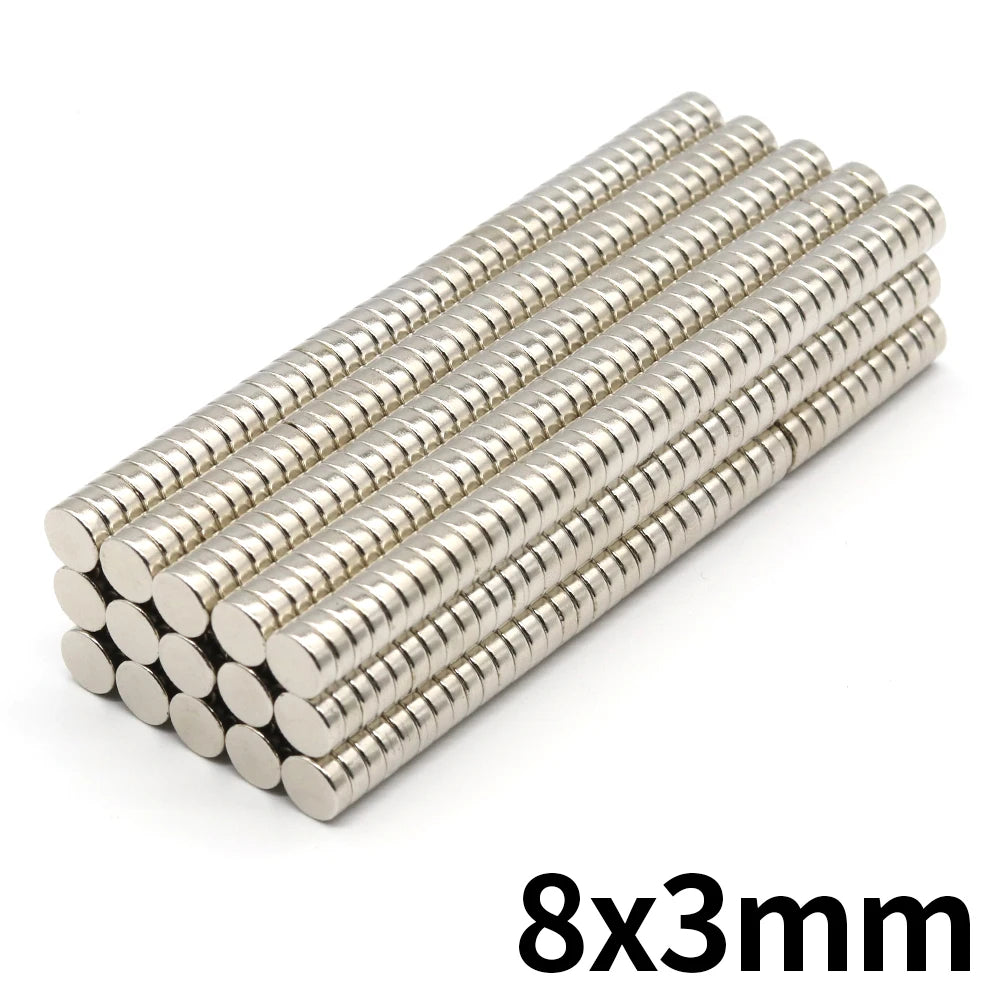 A collection of small, silver refrigerator magnets with an 8x3mm size.