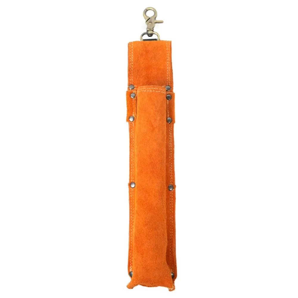 Bolsa resistente de almacenamiento para varilla de soldadura naranja con un gancho metálico para sujetar electrodos