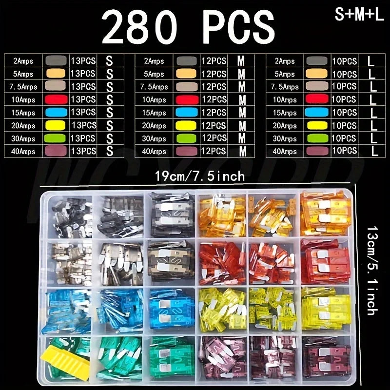 A plastic container holds various colored and sized car fuses for automotive electrical systems.