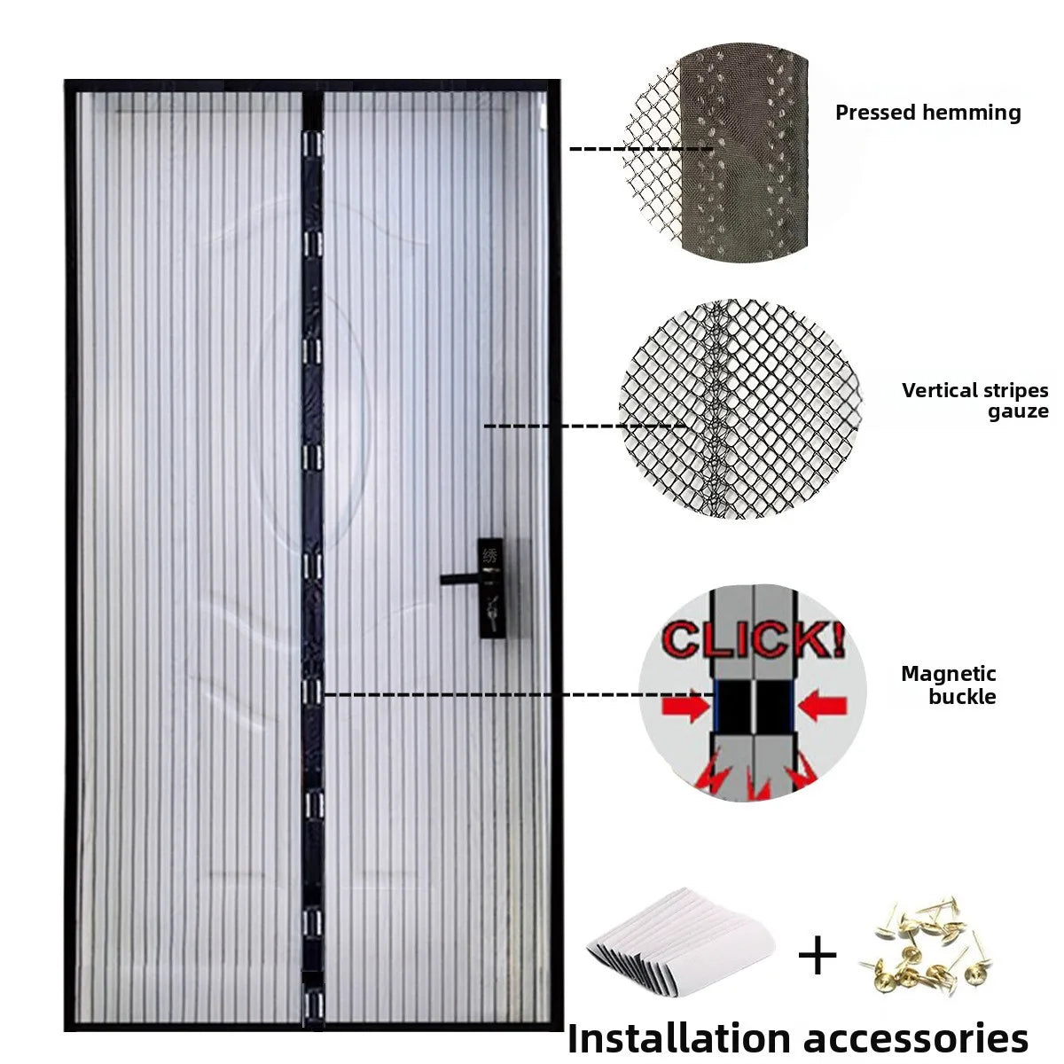 Automatic magnetic mesh door screen featuring pressed hemming, vertical stripes gauze, and a magnetic buckle installation kit