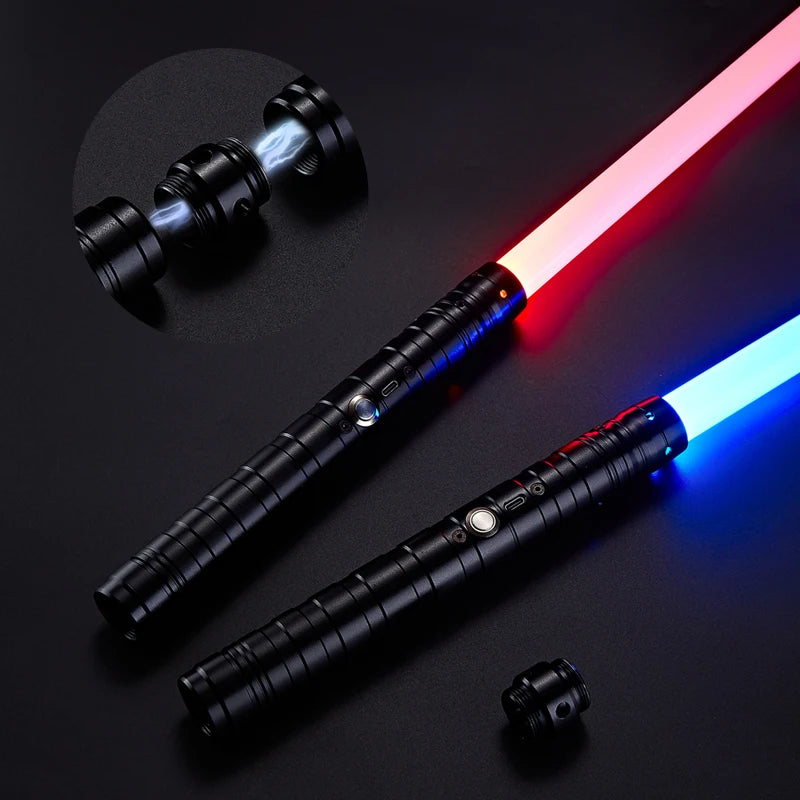 A black lightsaber with dual colored LED blades, emitting pink and blue light.