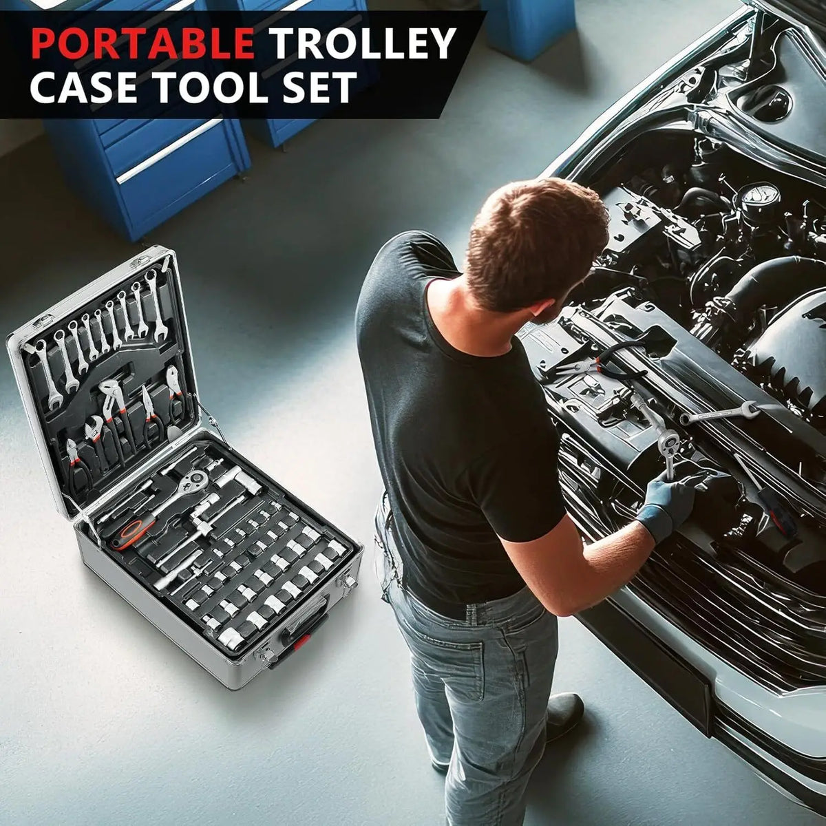 A man is using a portable trolley case tool set to work on an engine component.