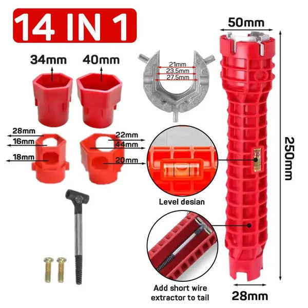 A red 14-in-1 multi-functional plumbing wrench set with various sizes and tools shown in detail.