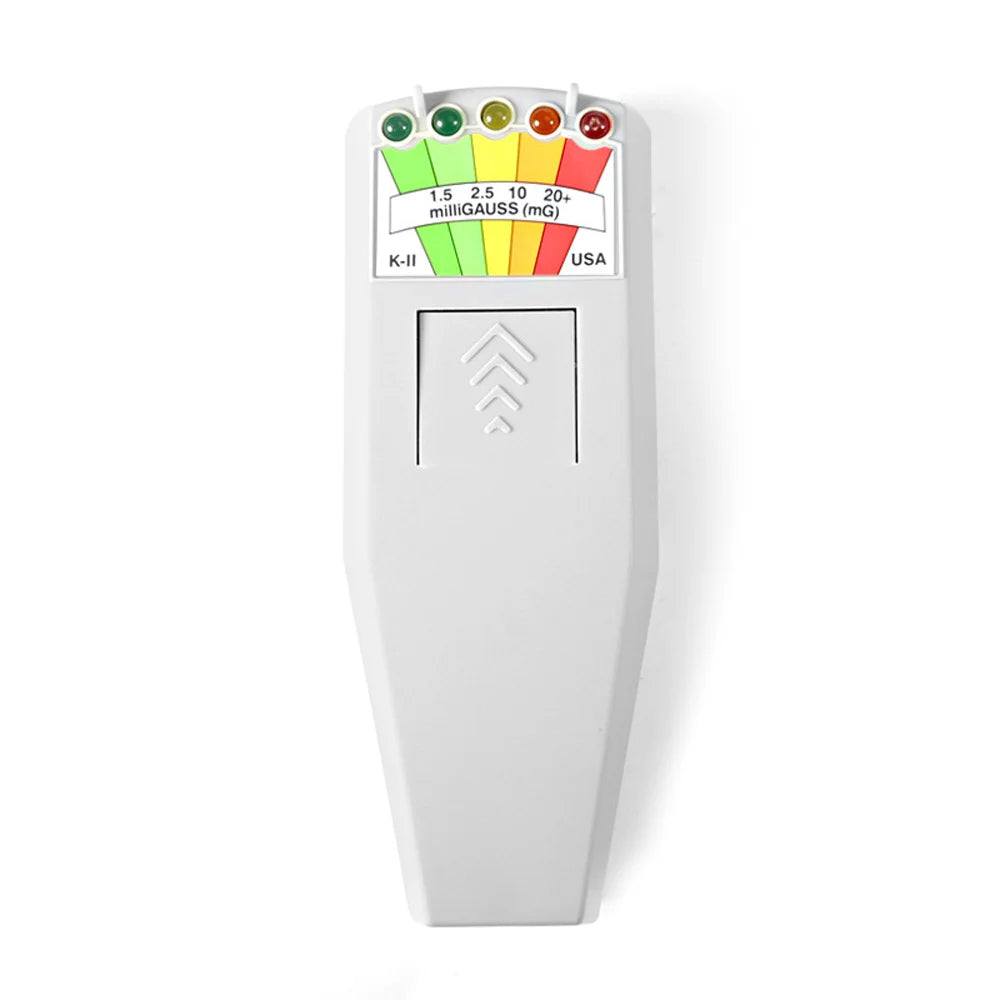 A white portable EMF radiation detector with a scale showing milliGauss measurements for K-II and USA standards.