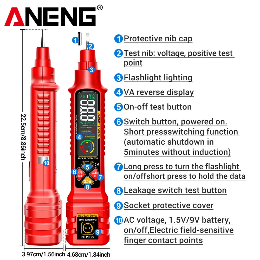A red multi-function AC/DC voltage tester with various test points and a flashlight.