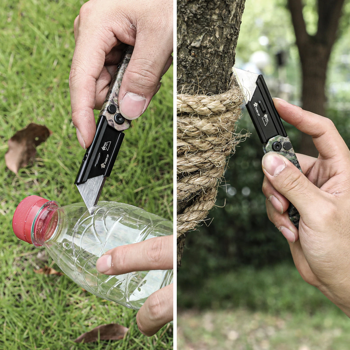 A hand is using a folding utility knife with a quick change blade to cut through natural twine on a tree trunk.