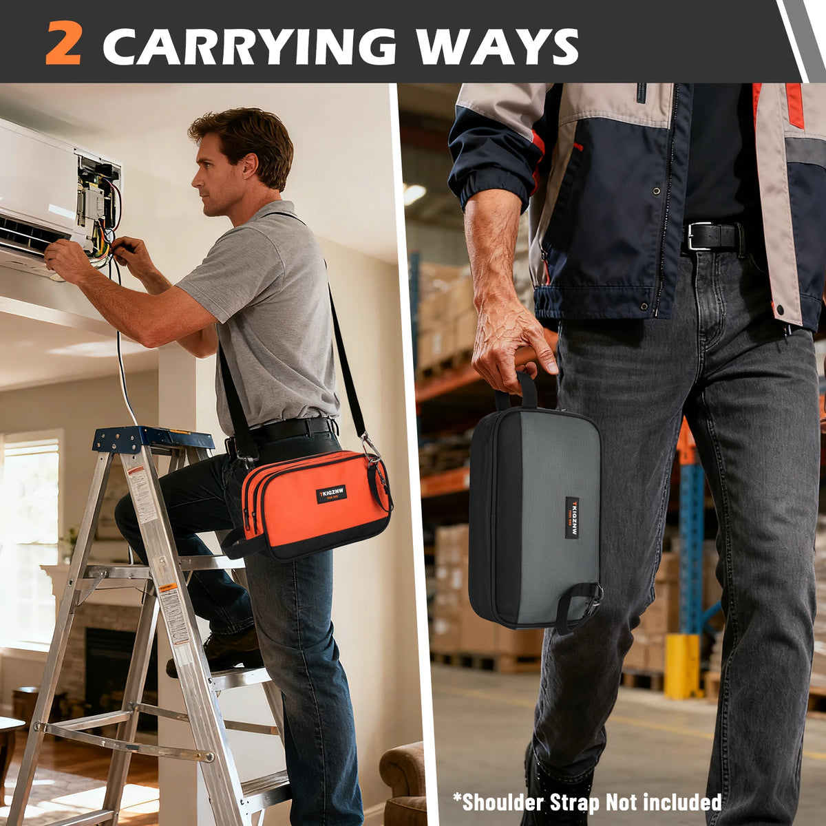 A man is shown using a step ladder to carry an orange tool bag while working indoors.