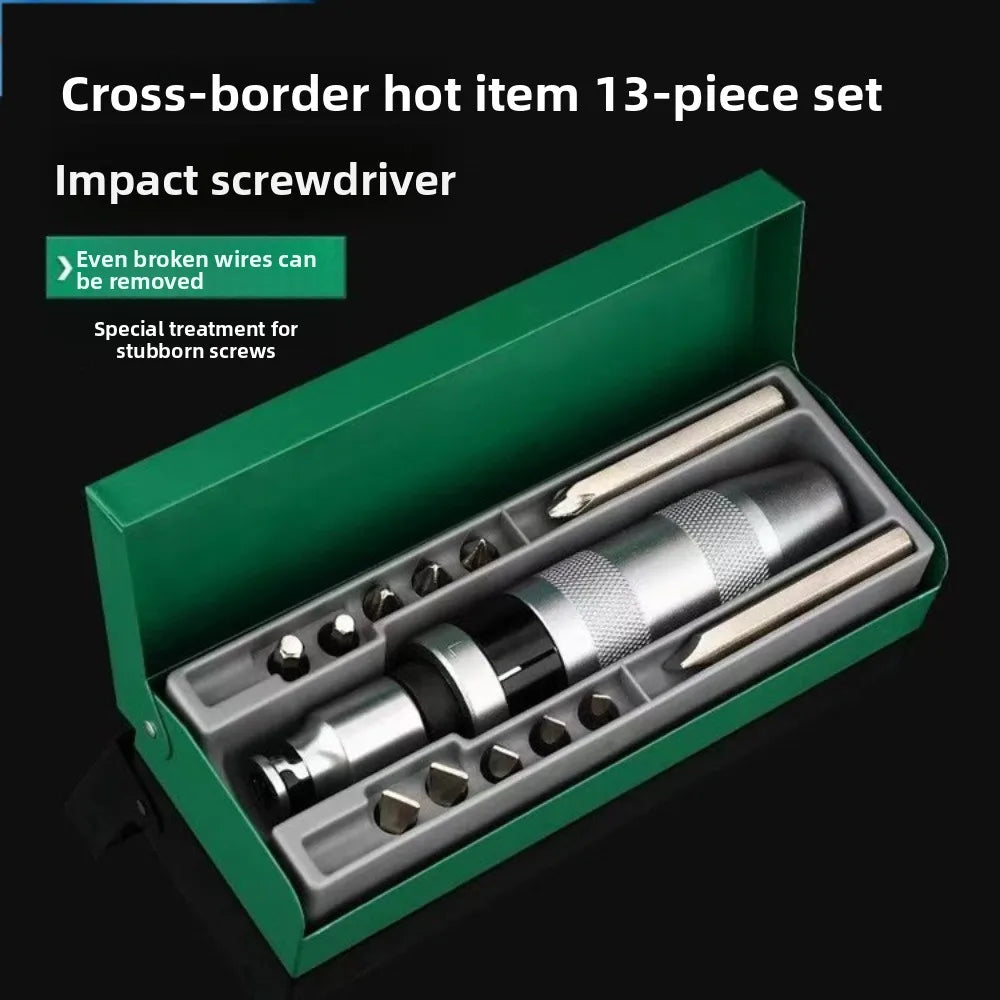 A green box containing a 13-piece cross-border hot impact screwdriver set with various tools.