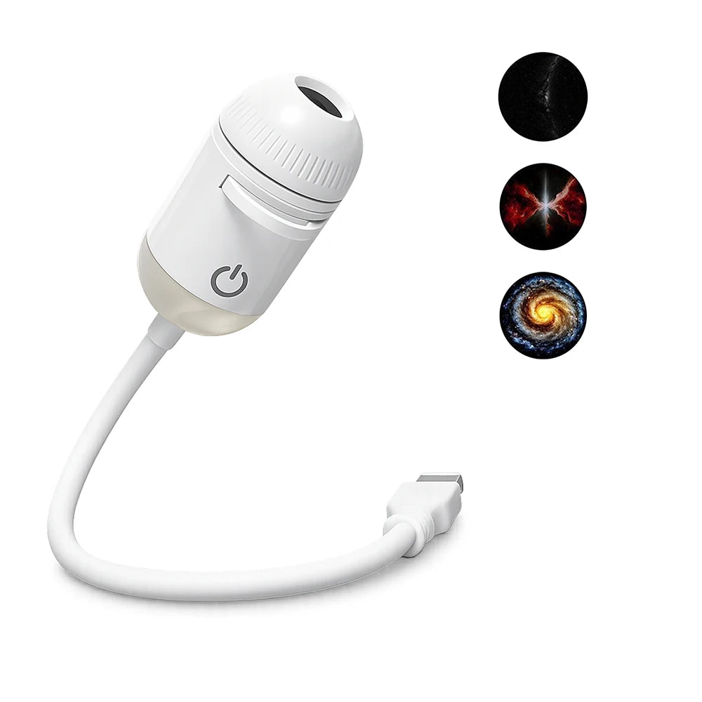 A white dual-mode USB projection lamp with a flexible cord and three swirling galaxy patterns.